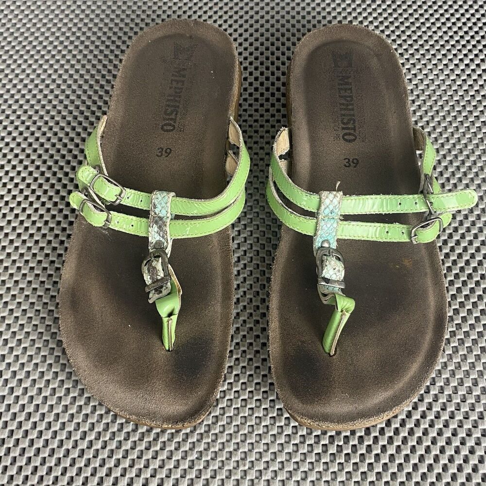 Mephisto Axia Sandals Womens 39 Green Leather Slip On Thong Flip Flops